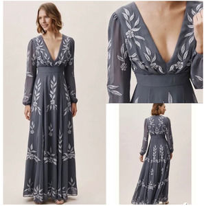 Anthropologie Slate Gray Embroidered Maxi Dress